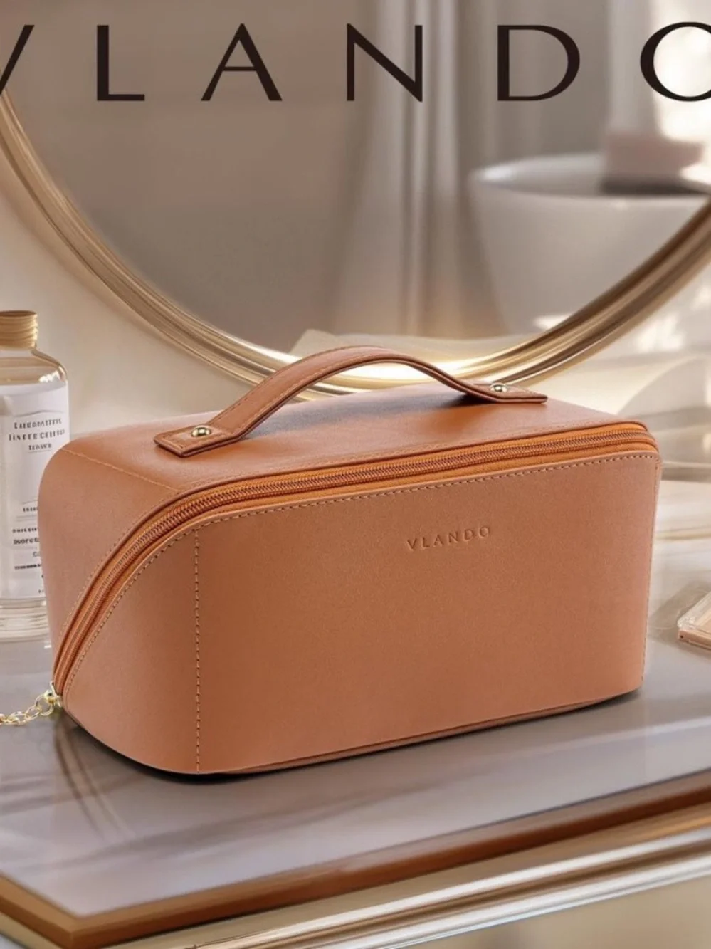 VLANDO Makeup Bag for Women with Open Flat Layout,Zipped TPU Pocket,Brown